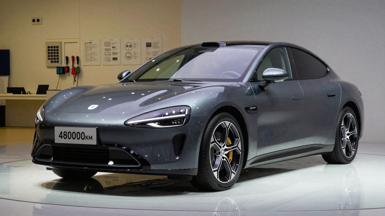 Carro esportivo cinza escuro exibido em ambiente interno com placa indicando 480000 km.