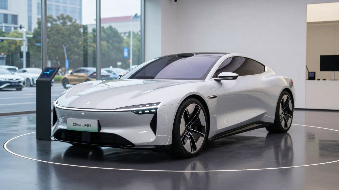 Carro elétrico branco moderno exposto em showroom com painéis de vidro ao fundo.