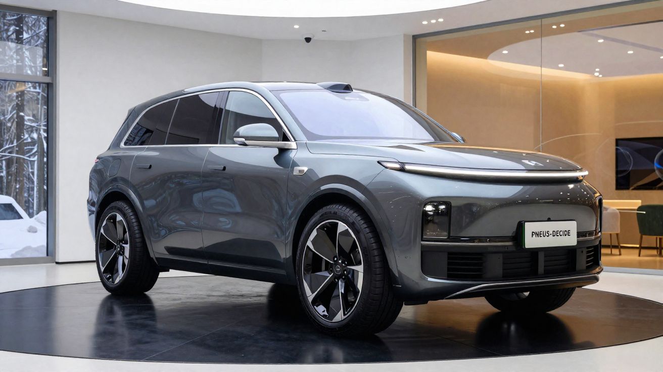 SUV elétrico cinza estacionado em ambiente moderno com roda de liga leve e vidros escurecidos.