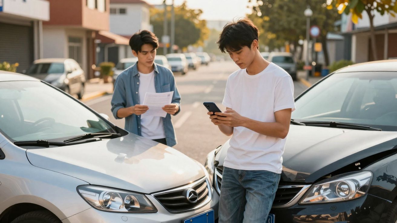Dois homens jovens conferem documentos e celular após acidente entre um carro prata e um preto em rua residencial.