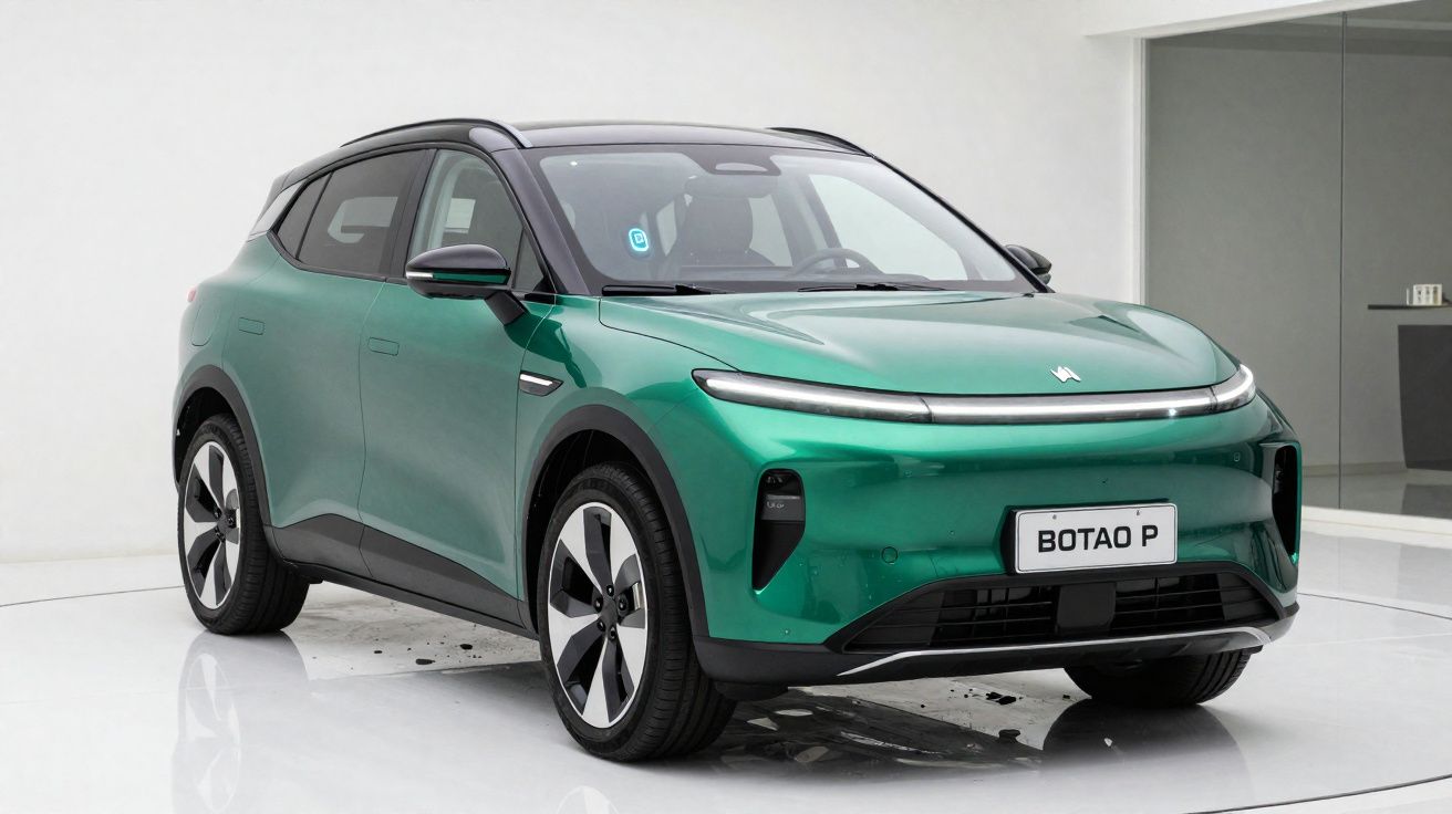 Carro elétrico SUV verde BOTAO P estacionado em ambiente branco minimalista, vista frontal e lateral direita.