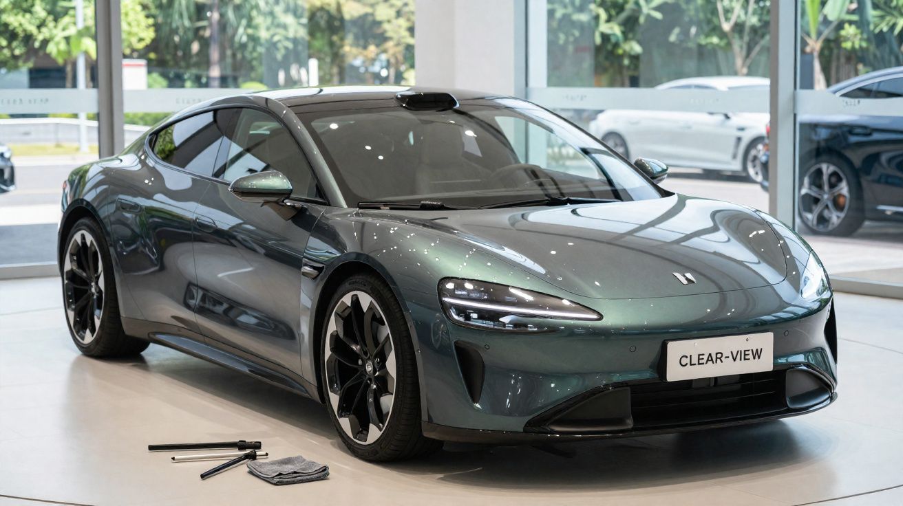 Carro elétrico esportivo cinza metálico exibido em showroom com ambiente moderno e iluminação natural.