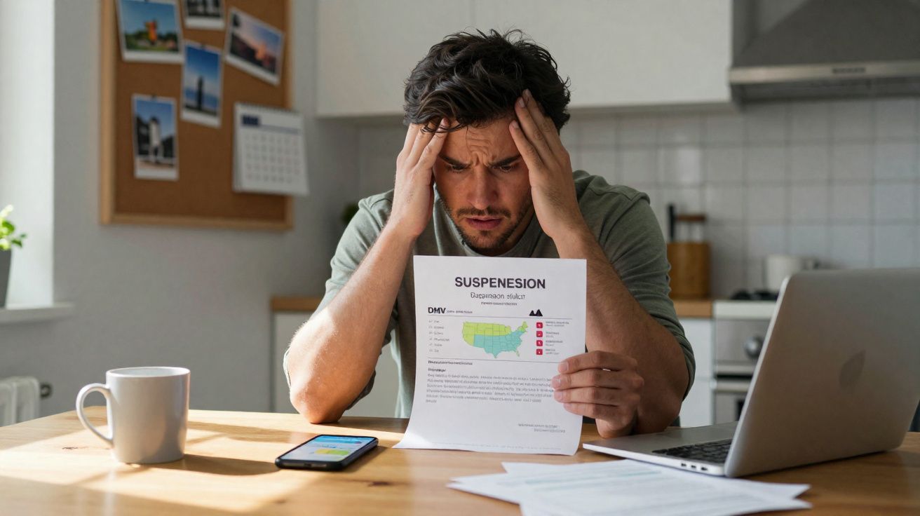 Homem preocupado lendo carta de suspensão enquanto está em uma mesa com laptop e celular.