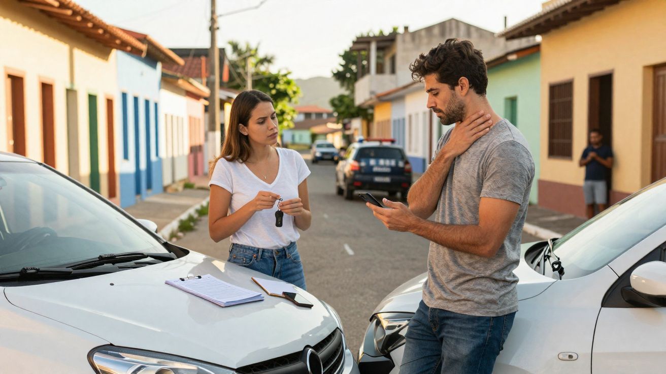 Homem e mulher discutem após pequeno acidente entre carros em rua residencial.