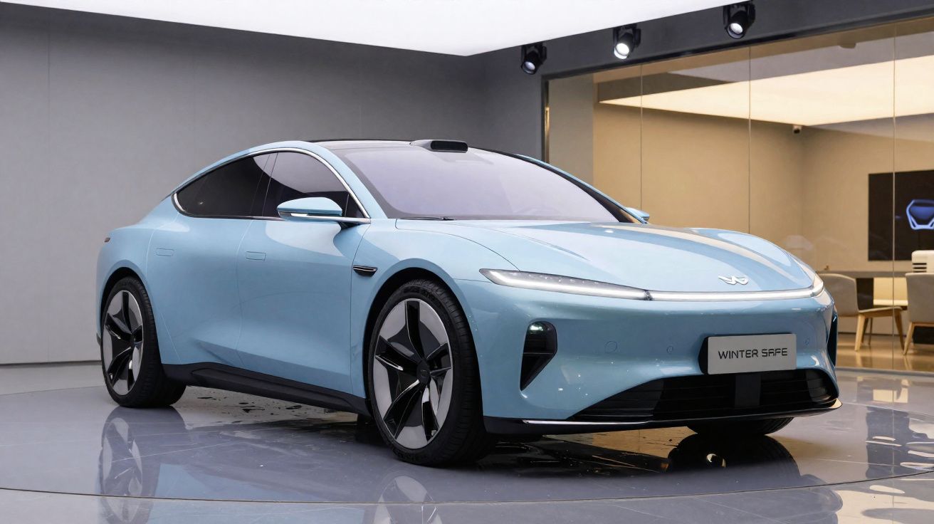 Carro elétrico esportivo azul claro em exposição moderna, modelo Winter Safe com design aerodinâmico.