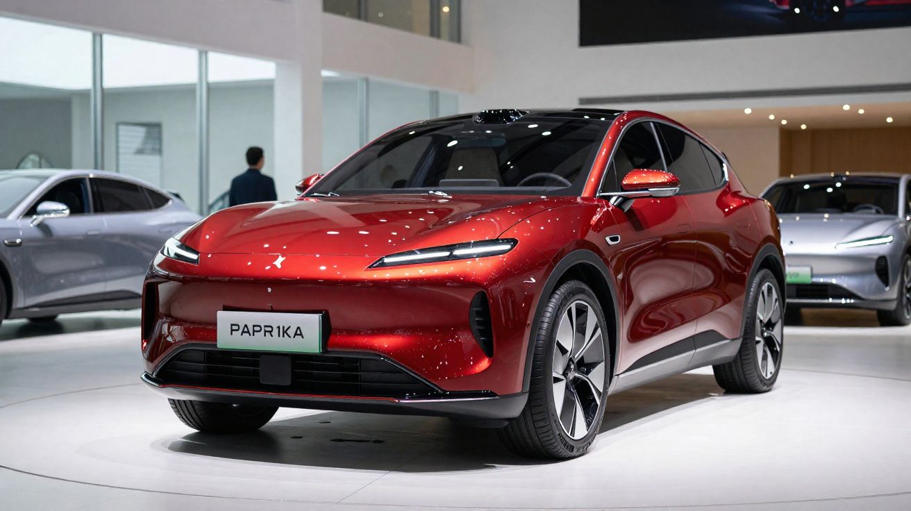 Carro elétrico modelo Paprika vermelho em exposição, com design moderno e rodas grandes.