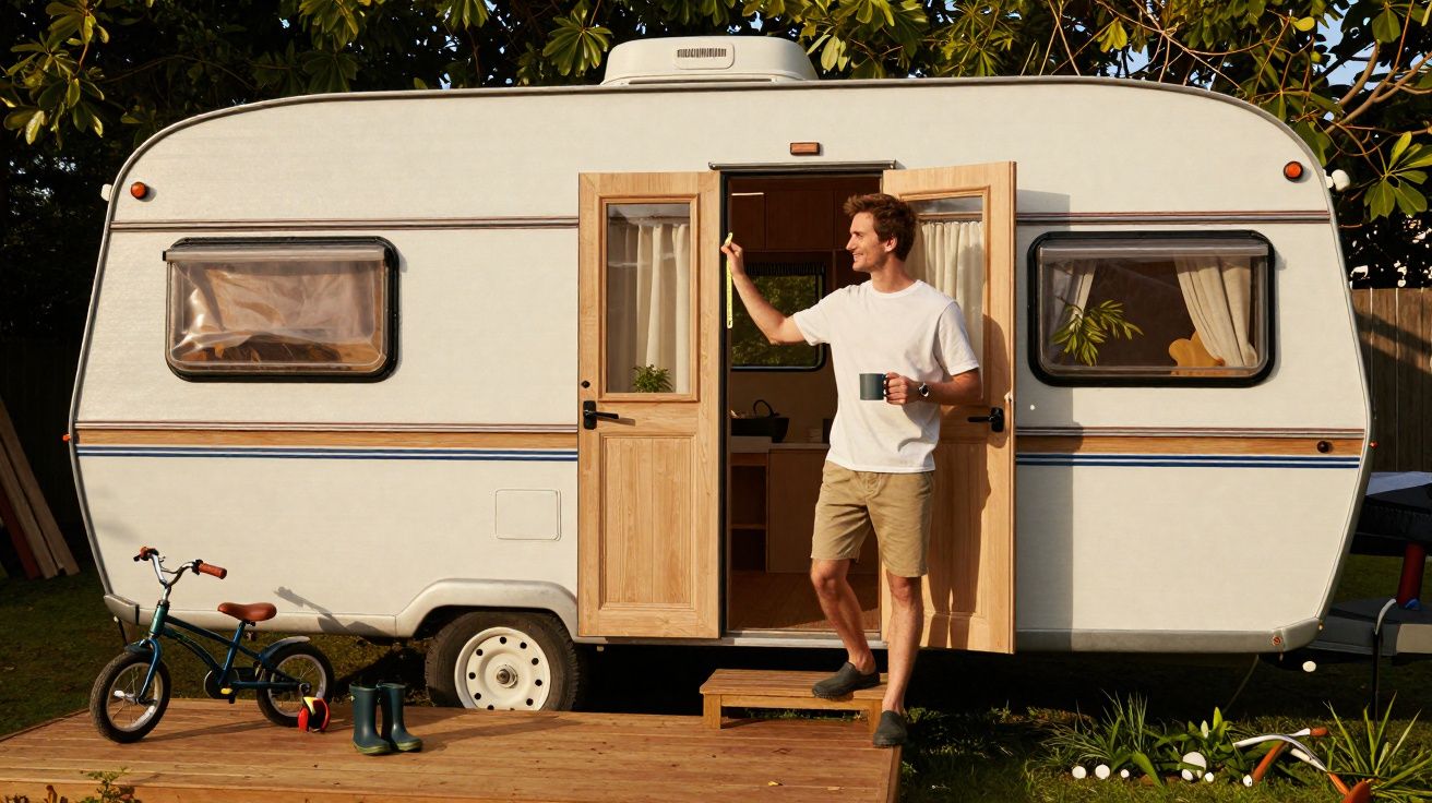 Homem com camiseta branca e bermuda bege segurando caneca em porta aberta de trailer branco ao ar livre.