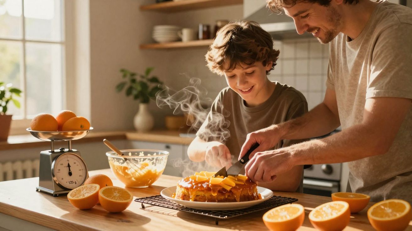 Pai e filho cortando juntos um bolo com fatias de laranja na cozinha iluminada pelo sol.