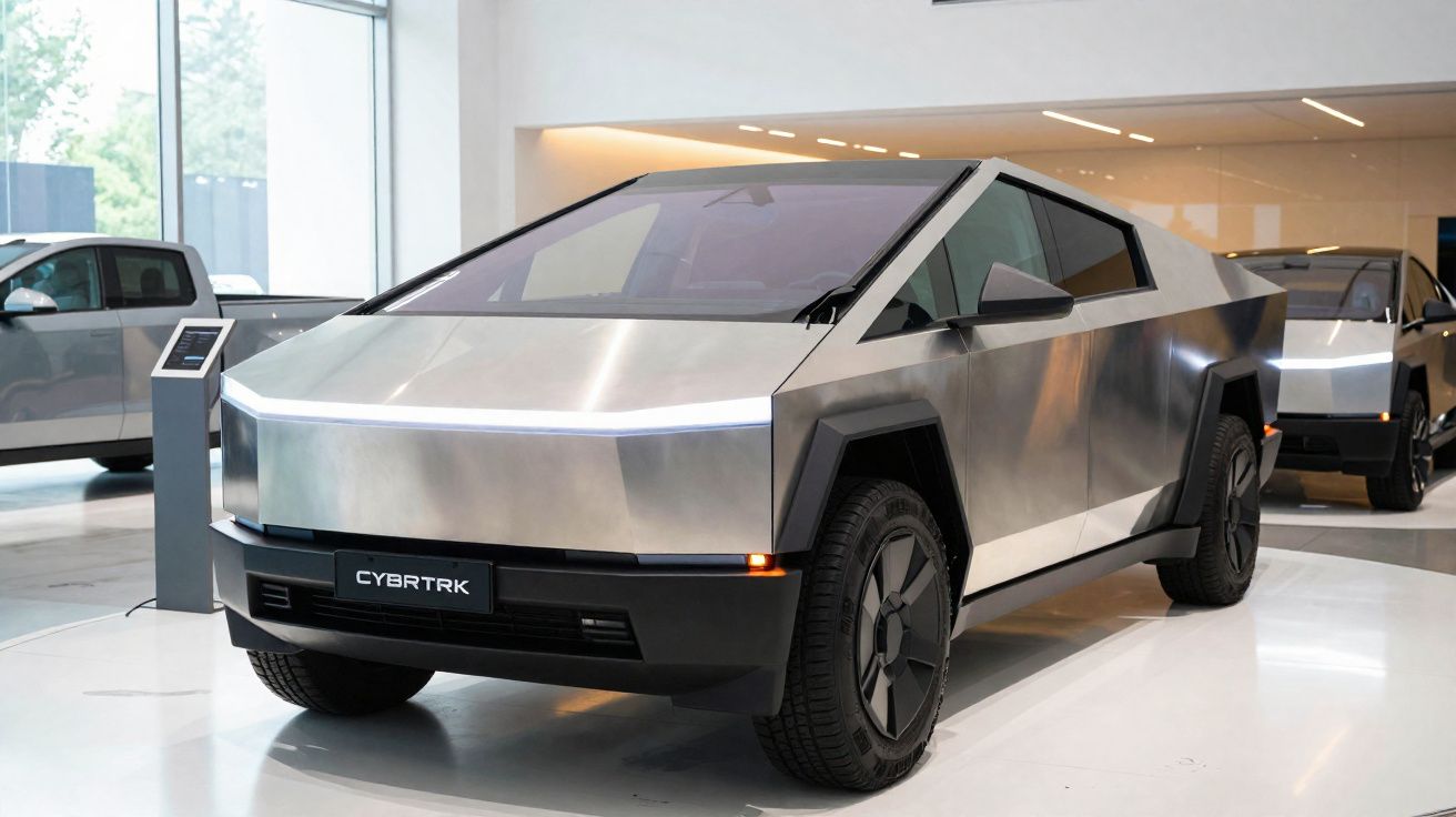 Picape elétrica Tesla Cybertruck prata exibida em showroom moderno com iluminação interna.
