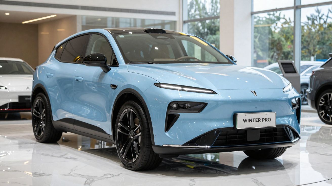 Carro elétrico azul claro modelo Winter Pro exposto em showroom moderno com piso branco brilhante.