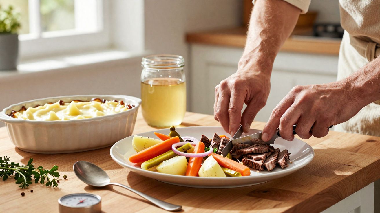 Pessoa fatiando carne em prato com batatas, cenouras e cebolas em cozinha iluminada.