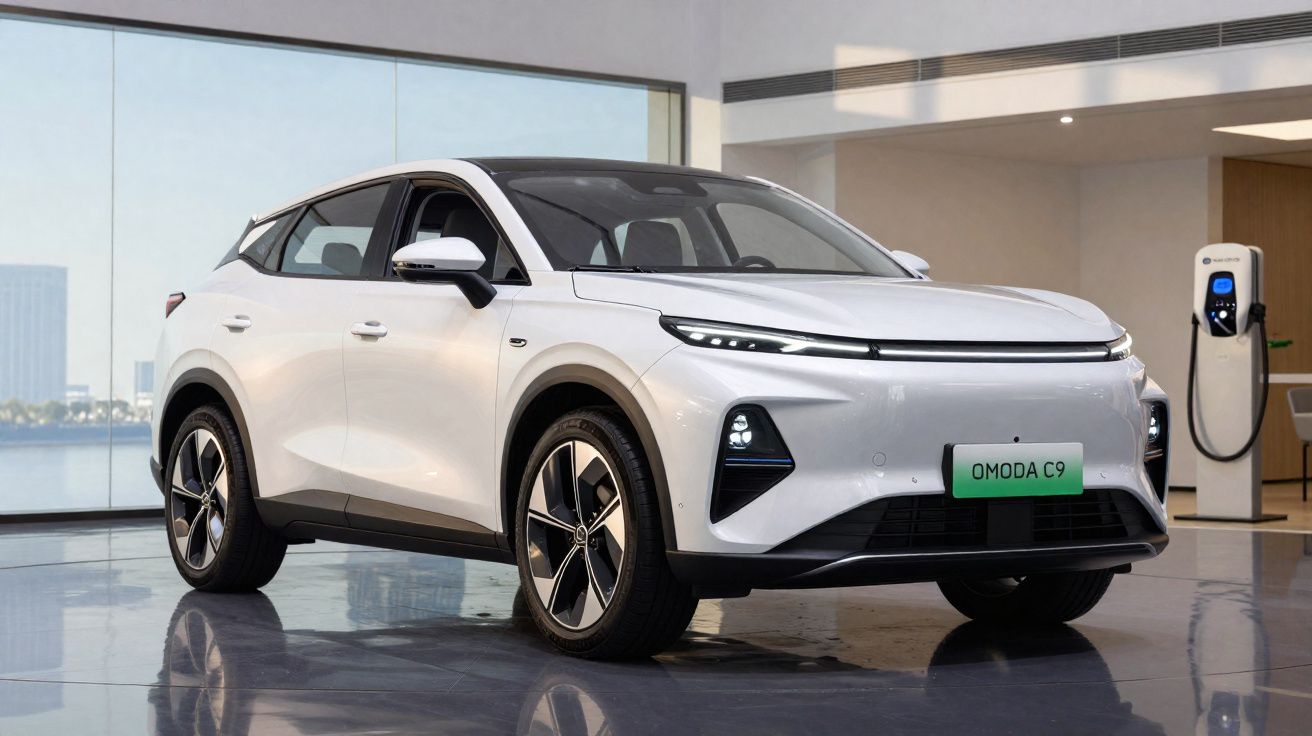 SUV elétrico branco OMODA C9 estacionado em ambiente interno moderno com carregador ao fundo.