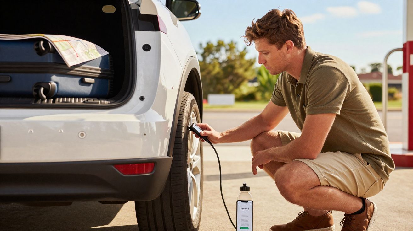 Homem verifica a pressão do pneu do carro usando dispositivo conectado a celular ao ar livre.