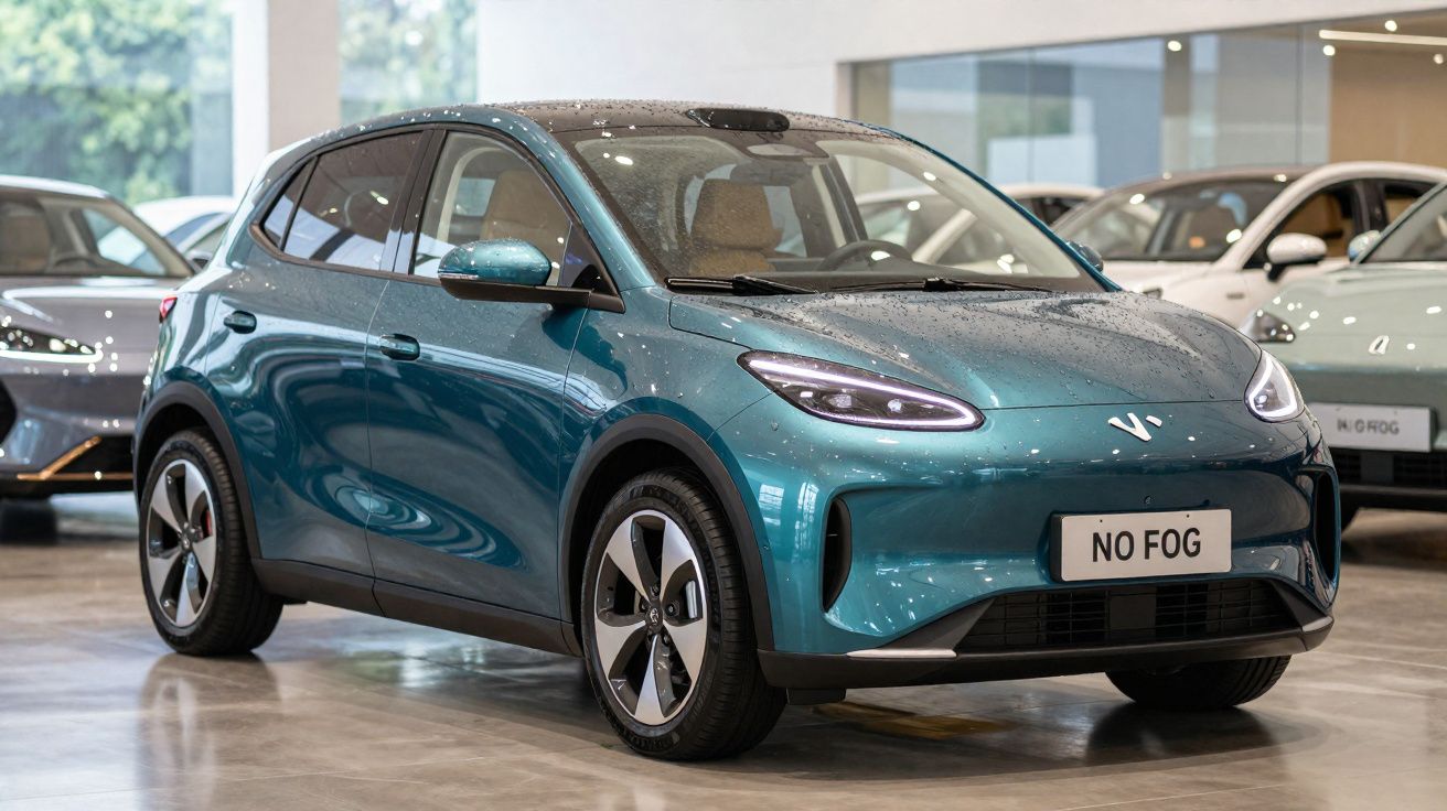 Carro elétrico verde água No Fog em exposição dentro de showroom moderno e iluminado.