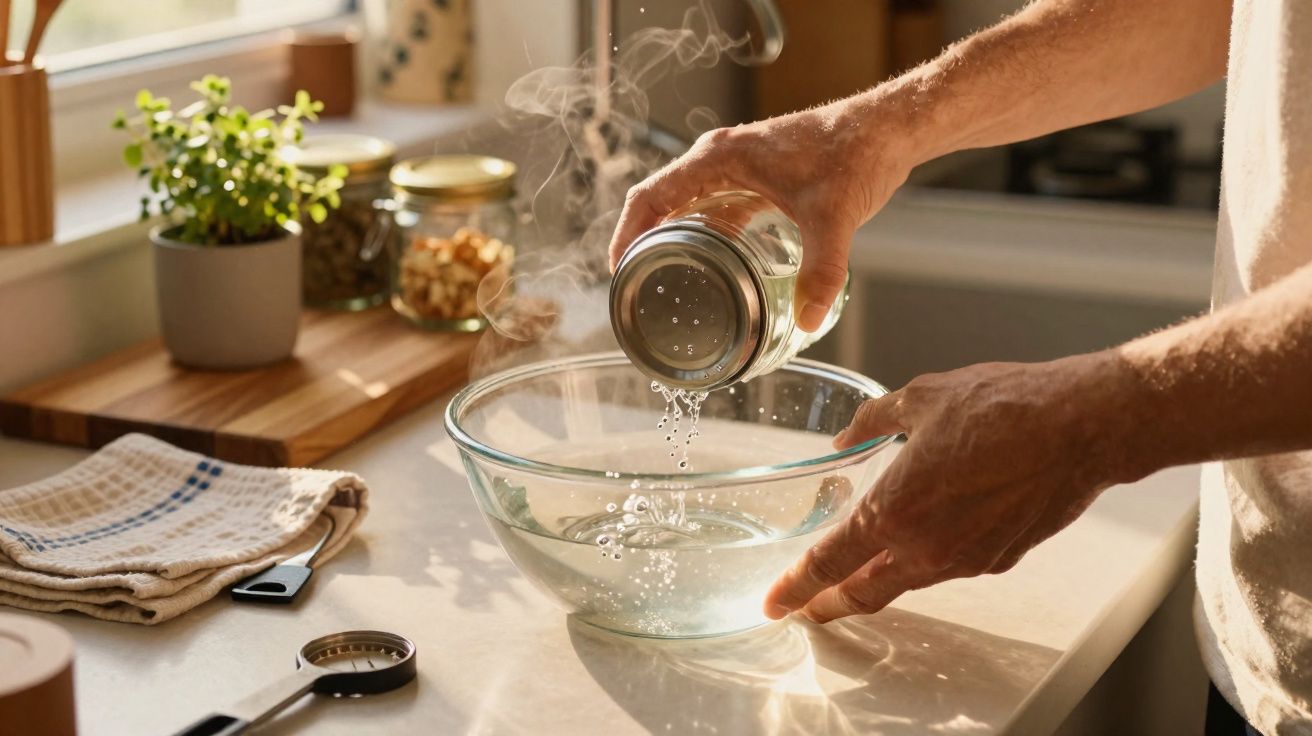 Mãos de pessoa temperando tigela de vidro com vapor em cozinha iluminada pela manhã.