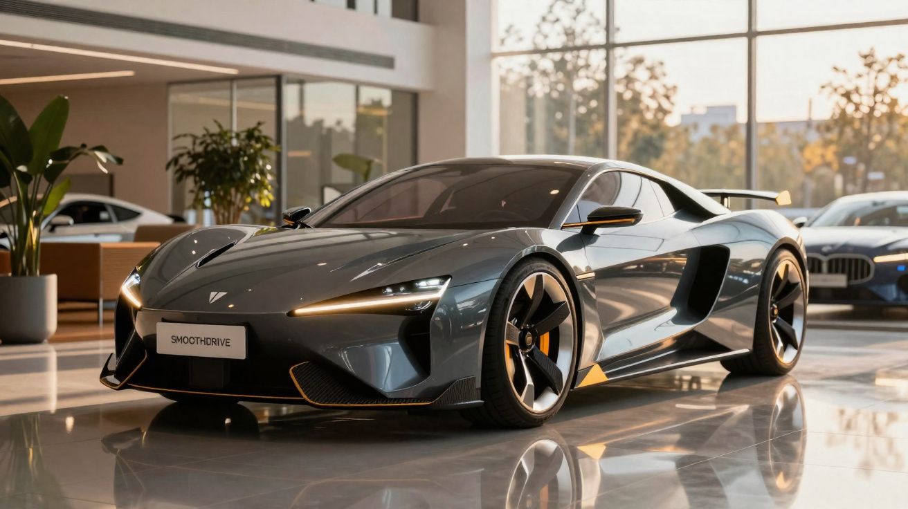 Carro esportivo cinza metálico estacionado em showroom moderno com grandes janelas e plantas decorativas.