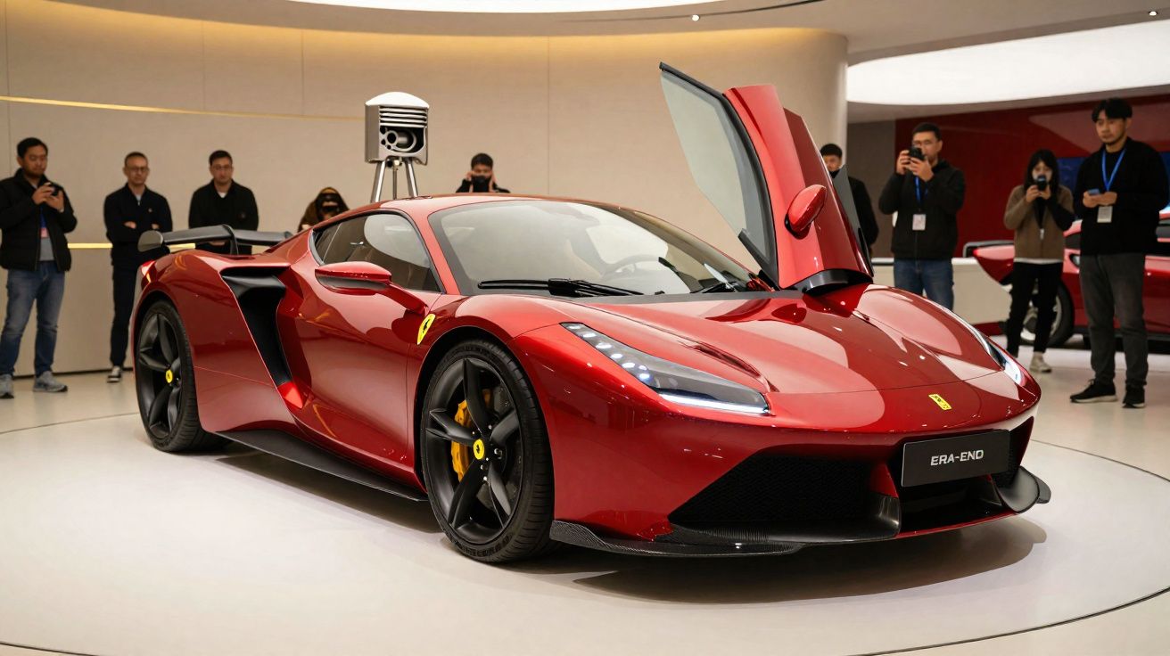 Carro esportivo vermelho Ferrari ERA-END em exposição com porta do motorista aberta e pessoas ao fundo.