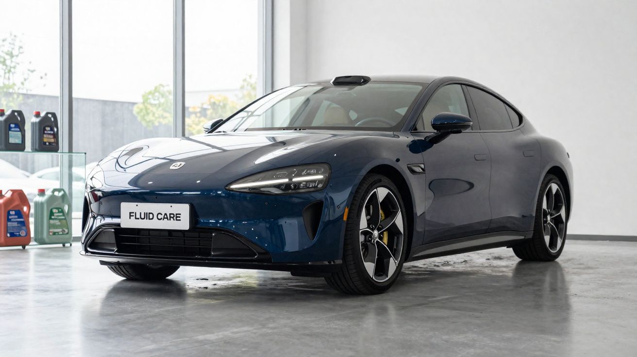 Carro esportivo elétrico azul escuro estacionado em ambiente interno moderno.