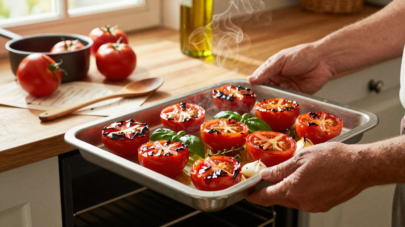 Pessoa retirando assadeira com tomates assados do forno em cozinha iluminada natural.