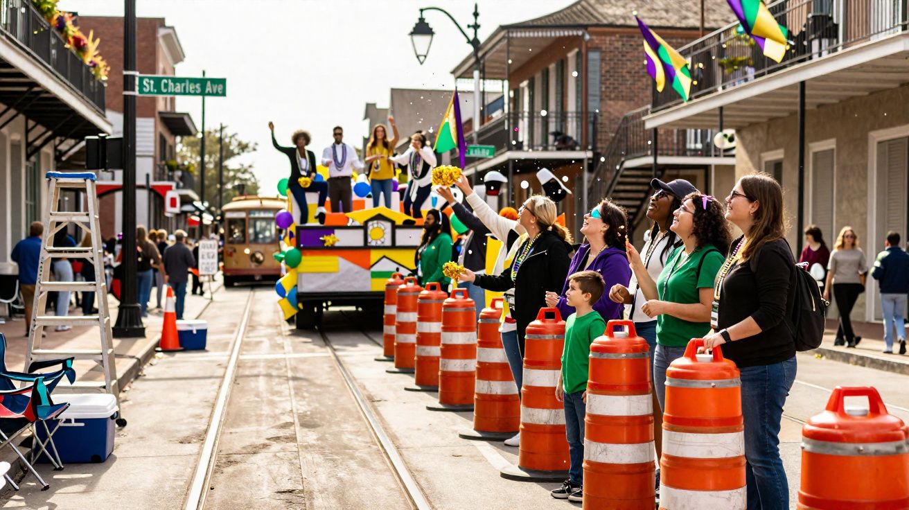 Pessoas assistindo e comemorando desfile de Mardi Gras em rua com postes e banda sobe carro alegórico decorado.
