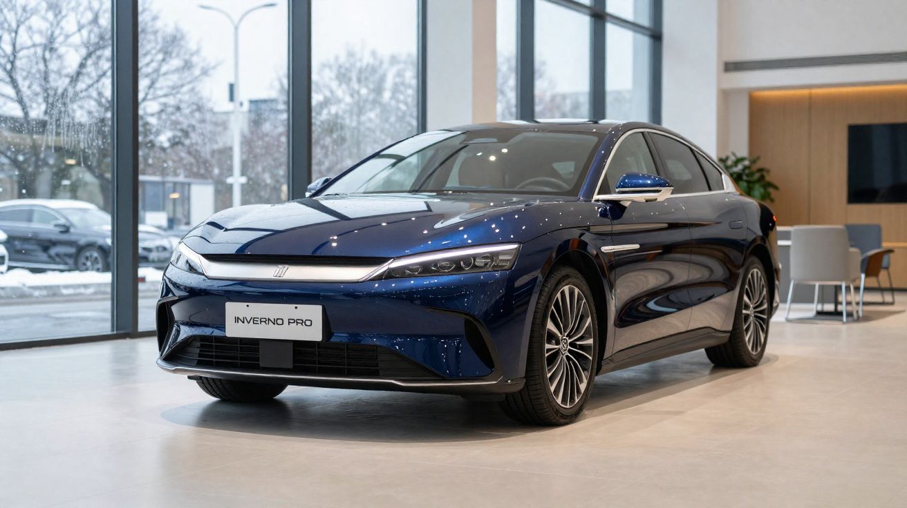 Carro azul elétrico Inverno Pro estacionado em showroom moderno com grandes janelas de vidro.