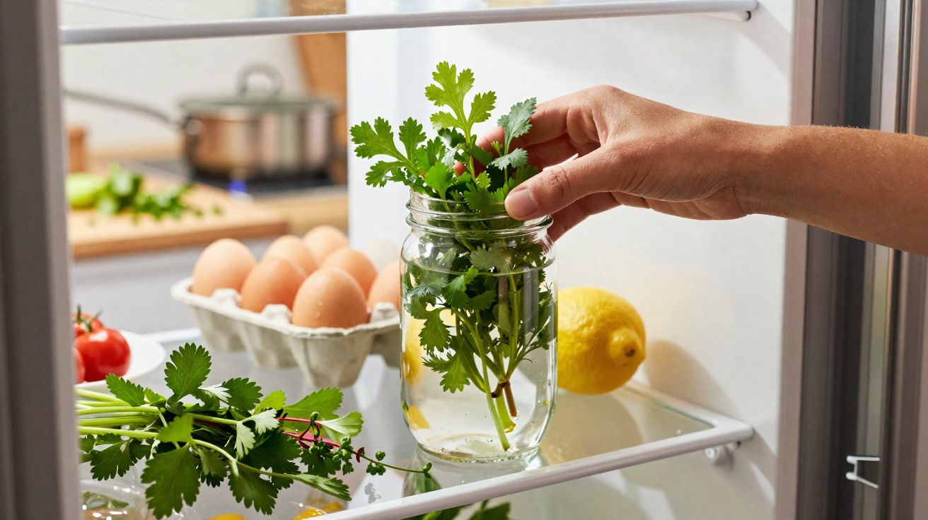 Mão colocando ramo de ervas em pote de vidro dentro da geladeira com ovos e limão ao fundo.