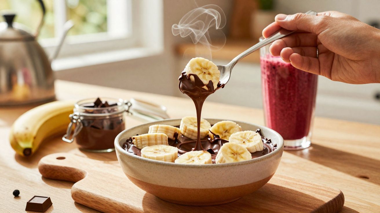 Mão segurando colher com banana coberta de chocolate quente sobre tigela com banana fatiada e chocolate derretido.