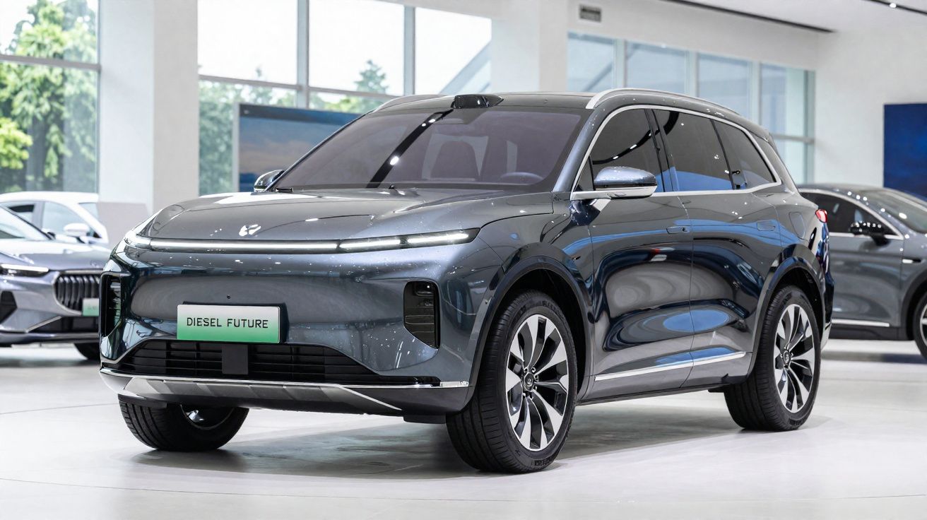 SUV elétrico cinza metálico exibido em showroom moderno com luz natural.