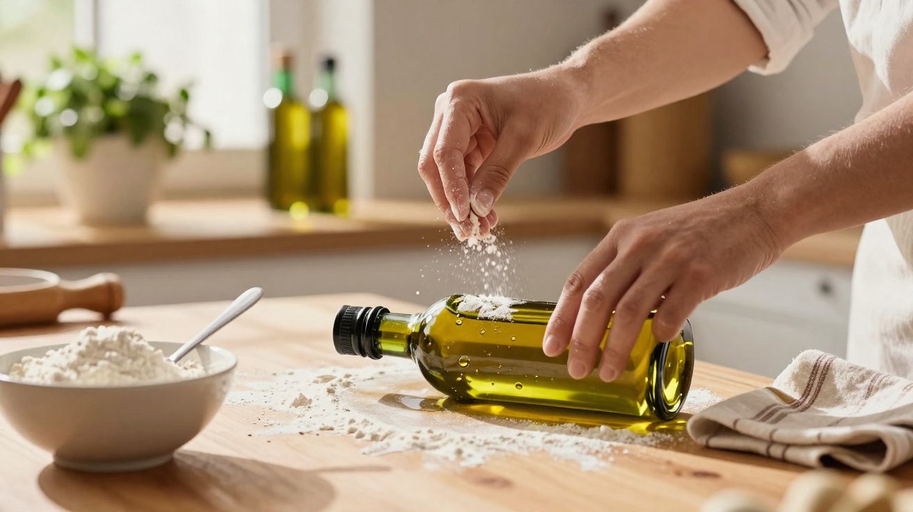 Mãos polvilhando farinha sobre garrafa de azeite em bancada de cozinha iluminada.