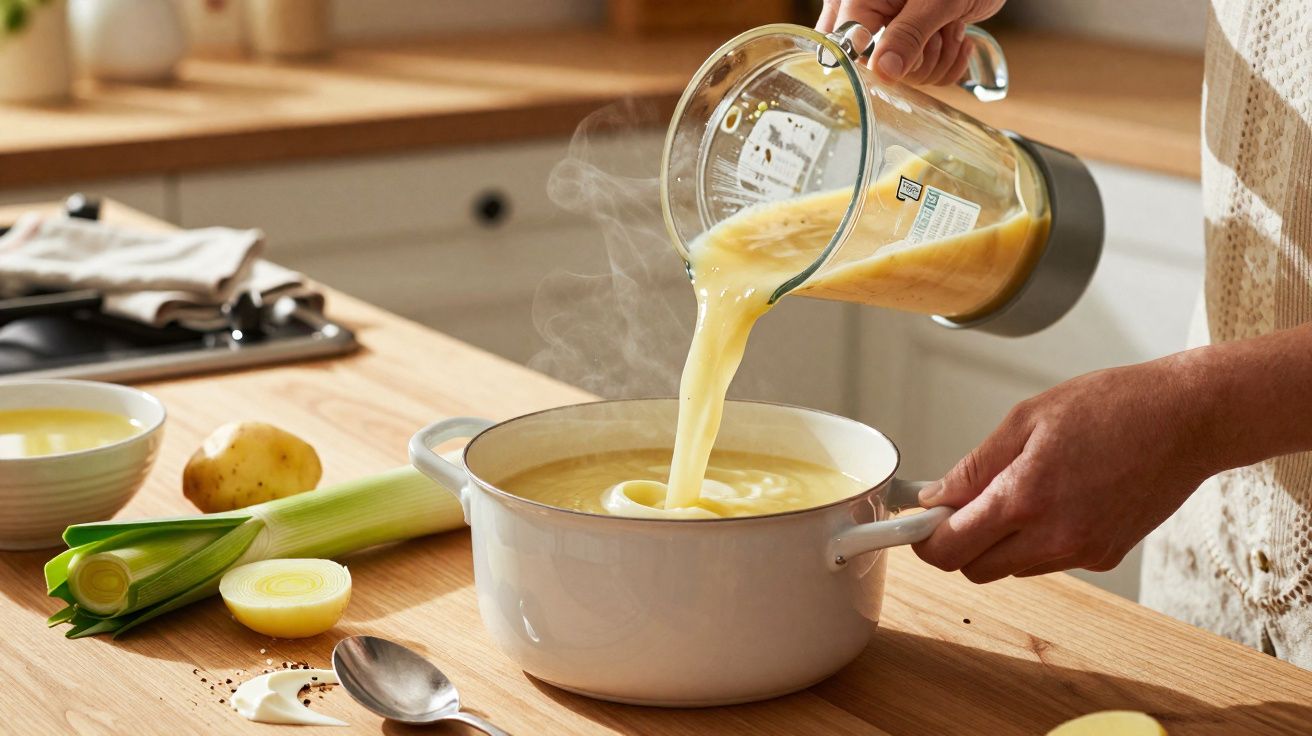 Pessoa despejando sopa cremosa quente de liquidificador em panela branca na cozinha.