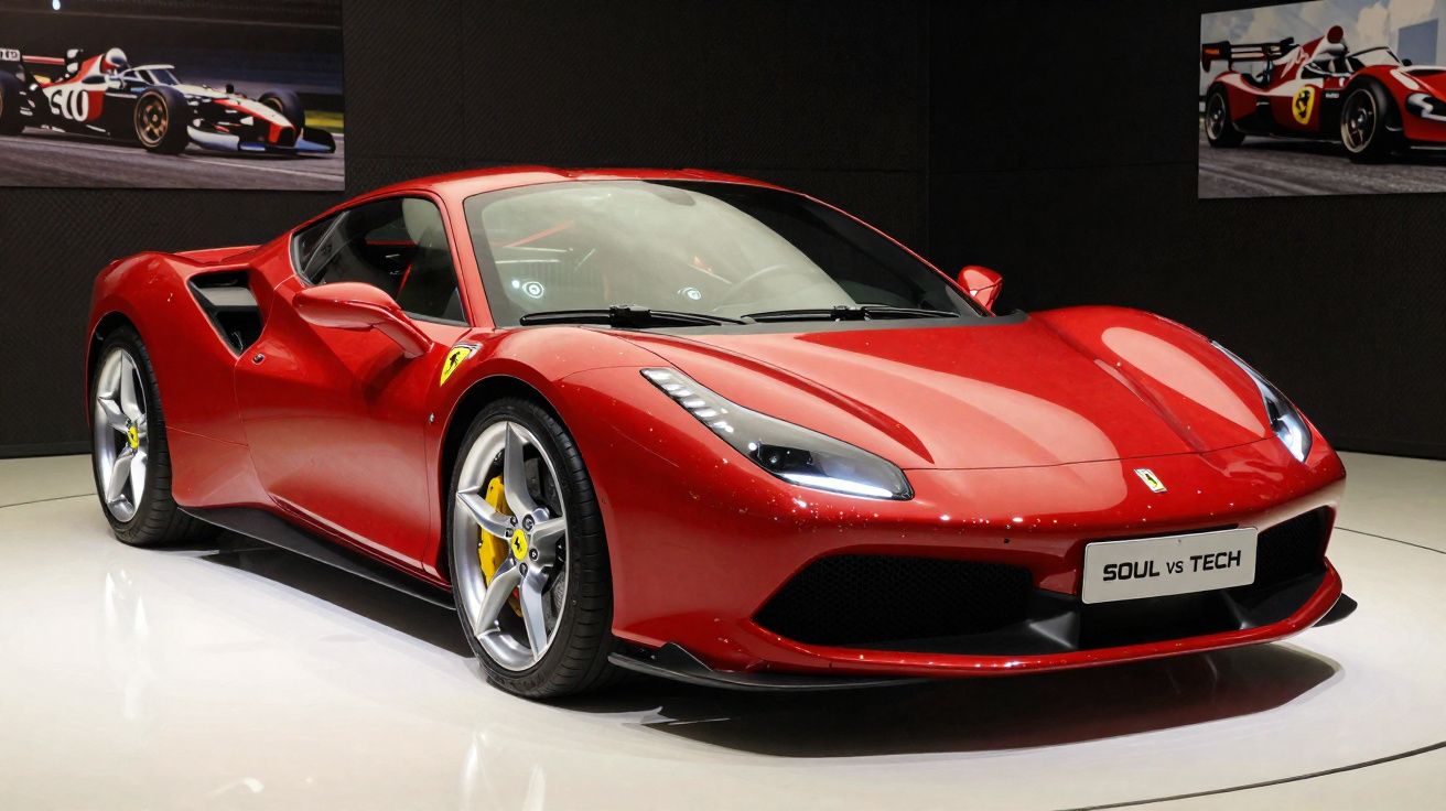 Carro esportivo Ferrari vermelho brilhante em exposição sob luzes, com fundo escuro e quadros de carros de corrida.