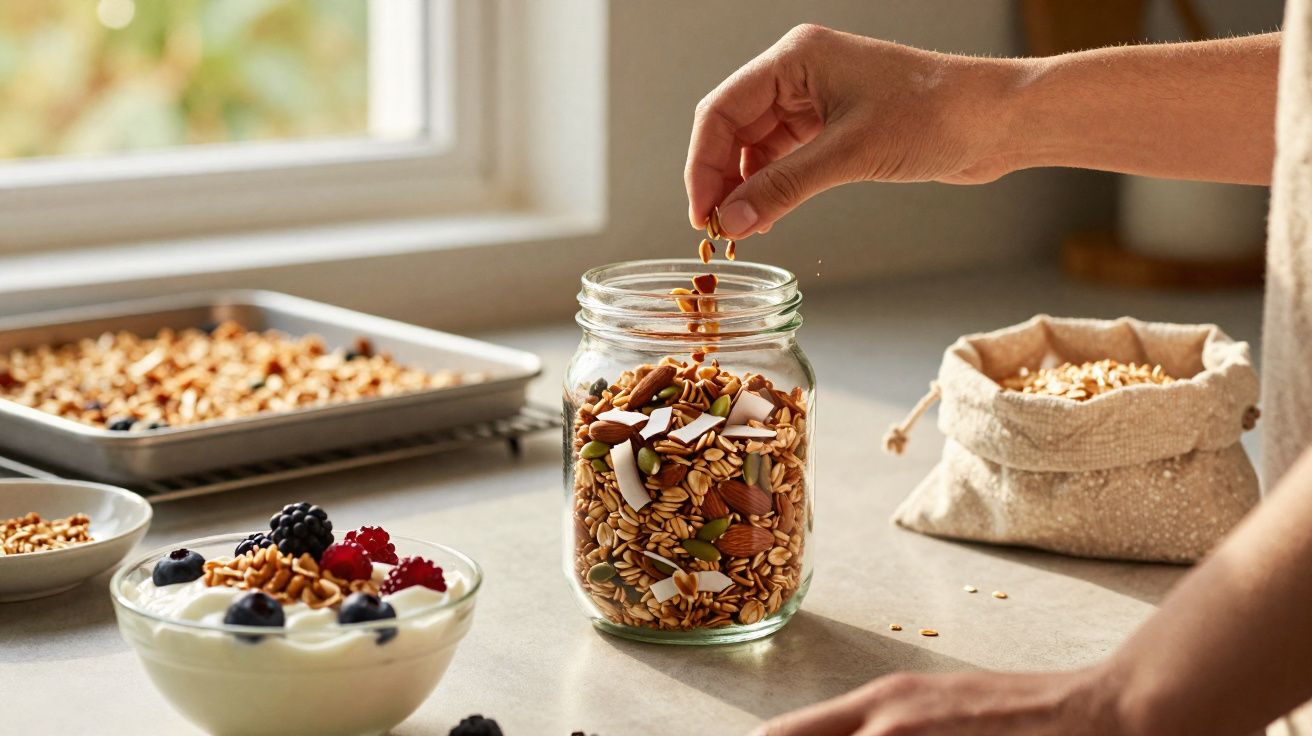 Mão colocando granola em pote de vidro com tigela de iogurte, frutas e assadeira ao fundo.