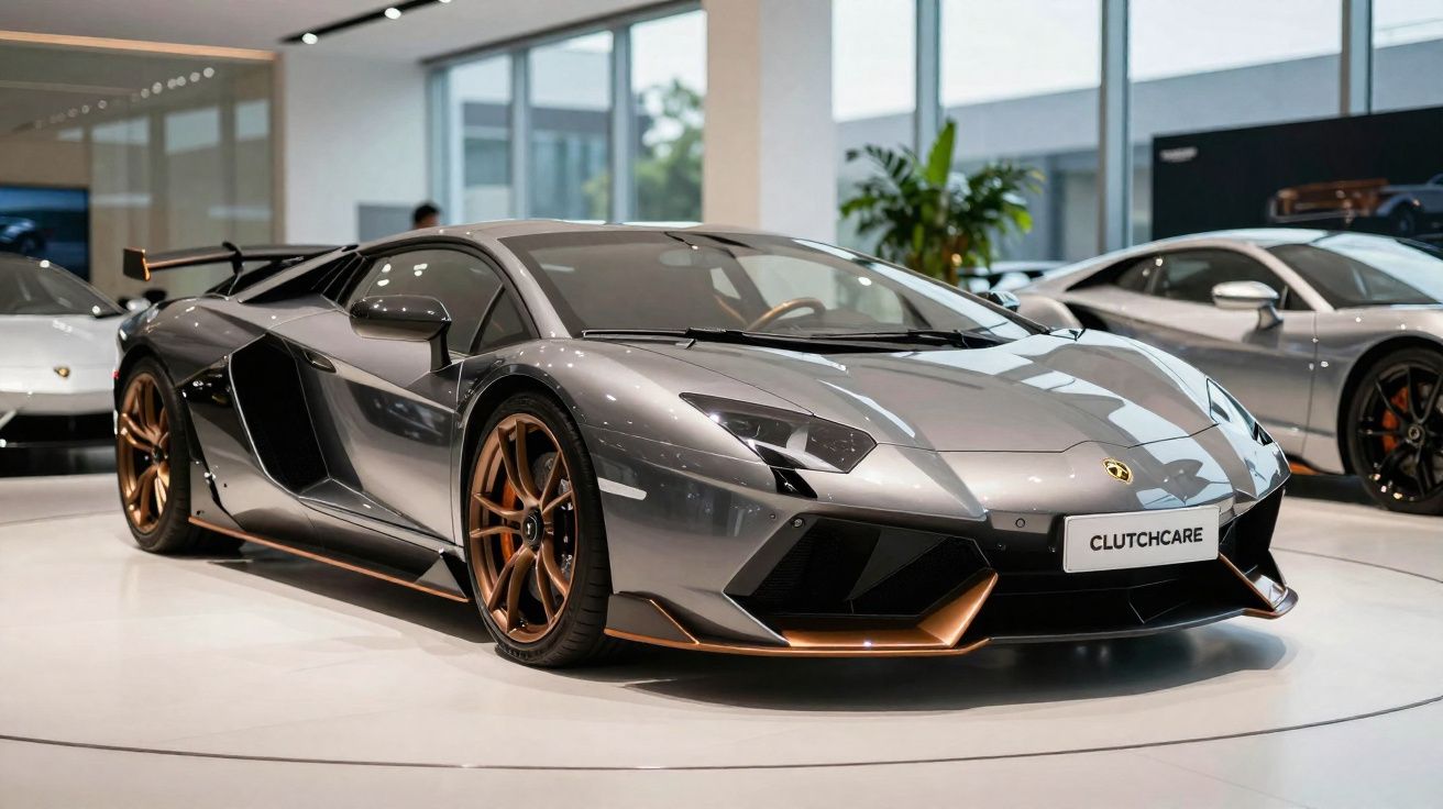 Carro esportivo prata com detalhes em dourado exibido dentro de showroom moderno com janelas grandes.