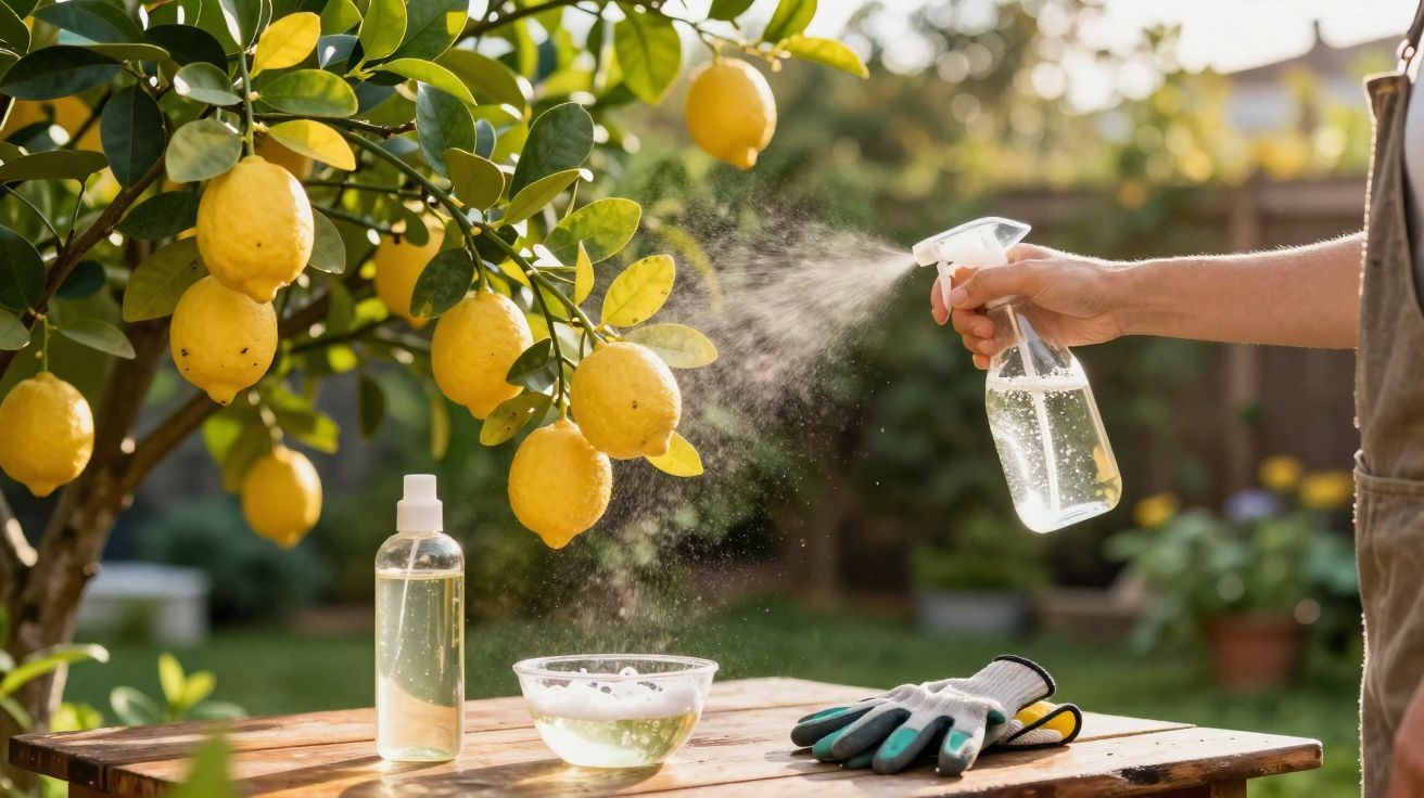 Pessoa pulverizando árvore de limão com pulverizador transparente em dia ensolarado.