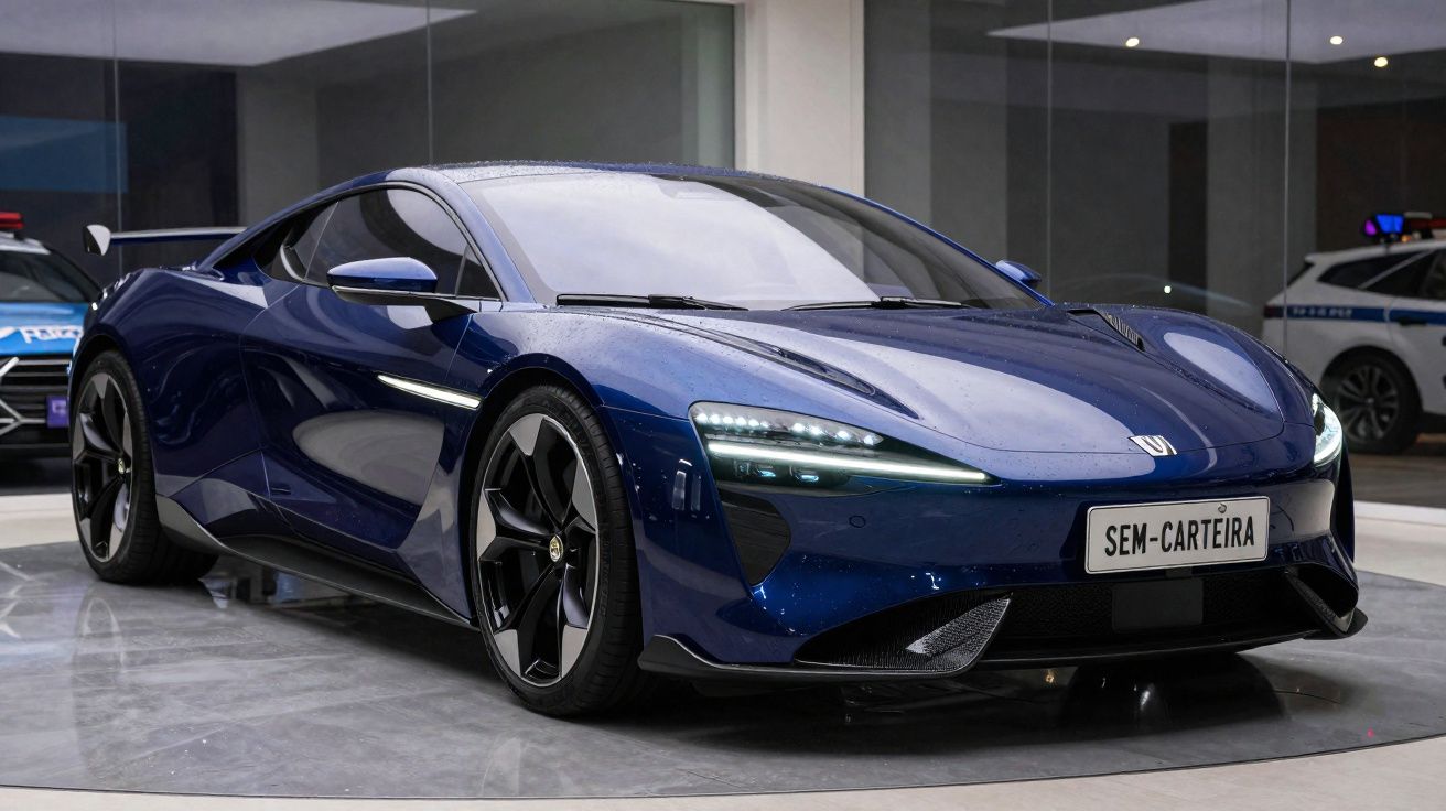 Carro esportivo elétrico azul exibido em ambiente interno com placa personalizada "SEM-CARTEIRA".