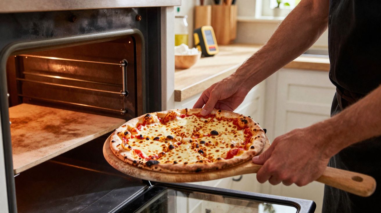 Pessoa retirando pizza de queijo do forno a lenha em cozinha residencial.