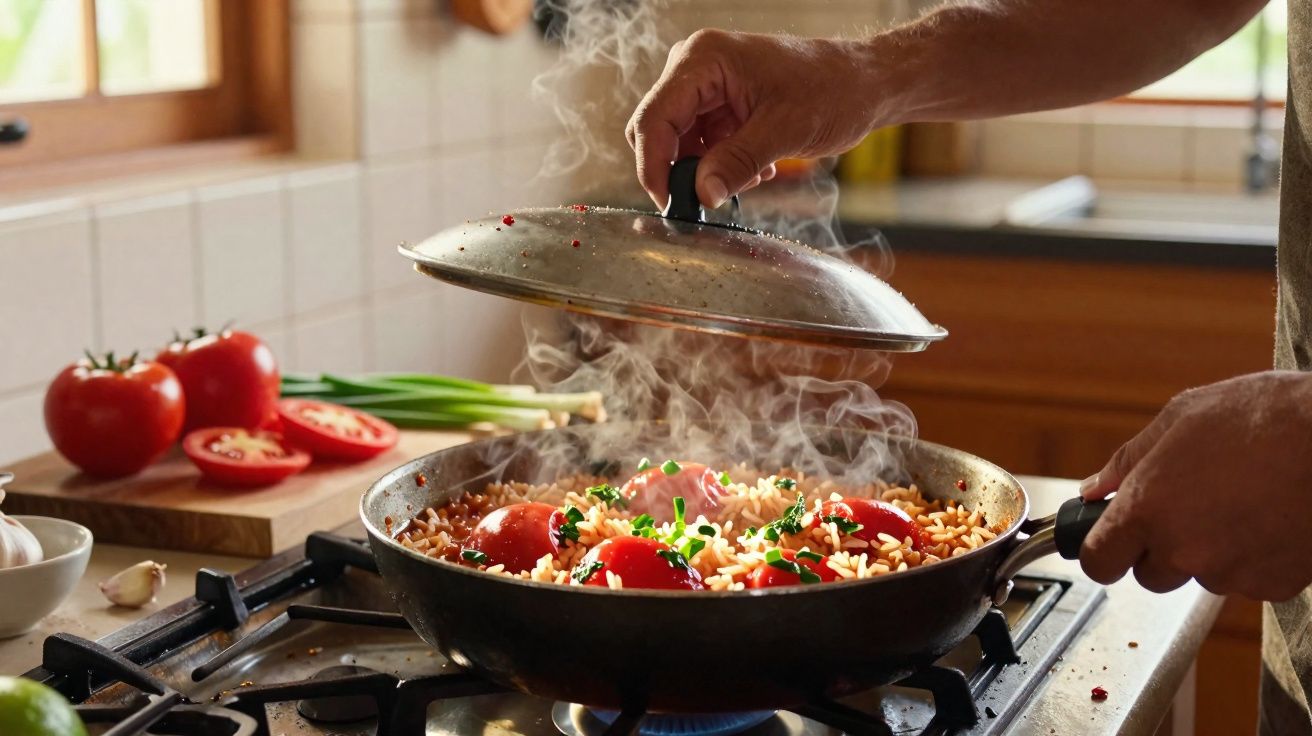 Mãos retiram tampa de panela com arroz, tomates e temperos cozinhando no fogão a gás.