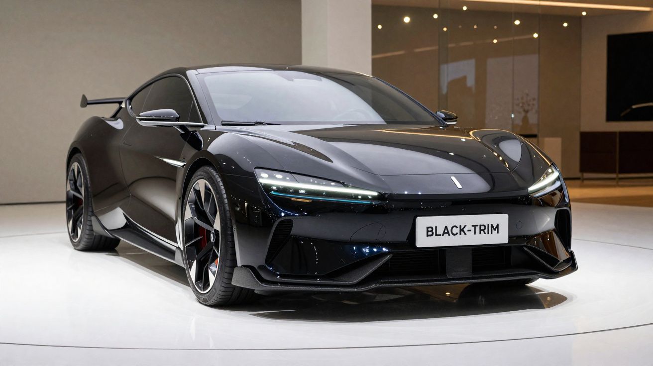 Carro esportivo preto com design aerodinâmico e faróis modernos em exposição interna.