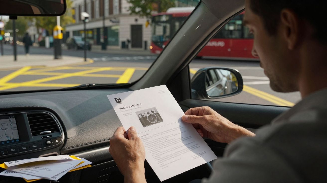 Homem sentado no carro lendo uma notificação de multa de trânsito com uma câmera impressa.