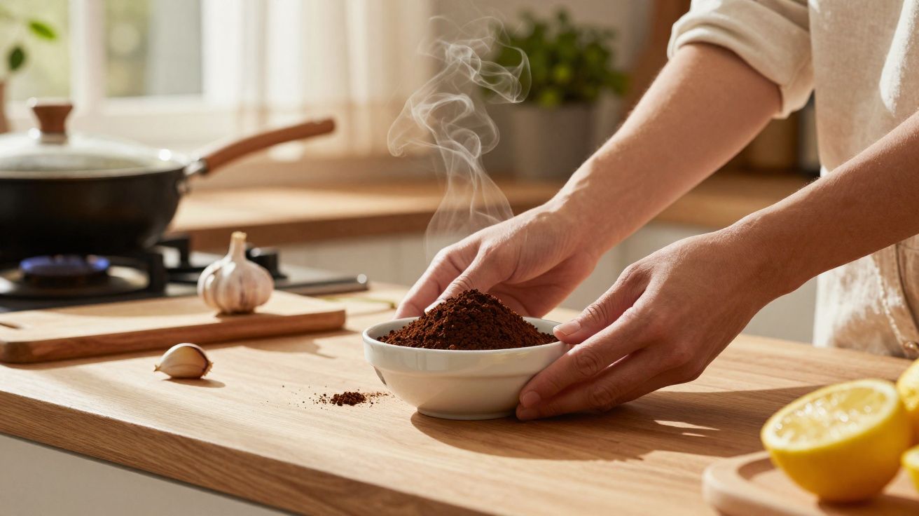 Mãos segurando um pequeno prato branco com pó quente e vaporizando sobre bancada de madeira na cozinha.