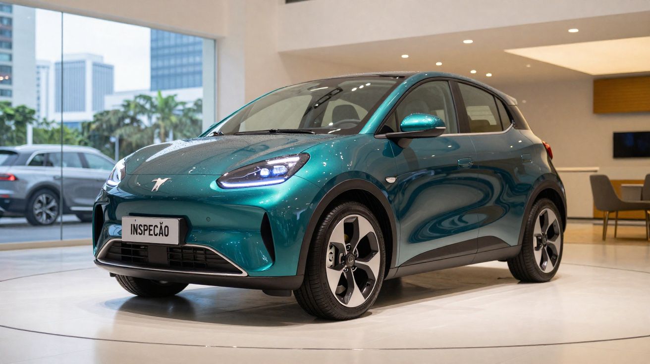 Carro elétrico compacto verde em exibição dentro de showroom moderno com placa "INSPEÇÃO".