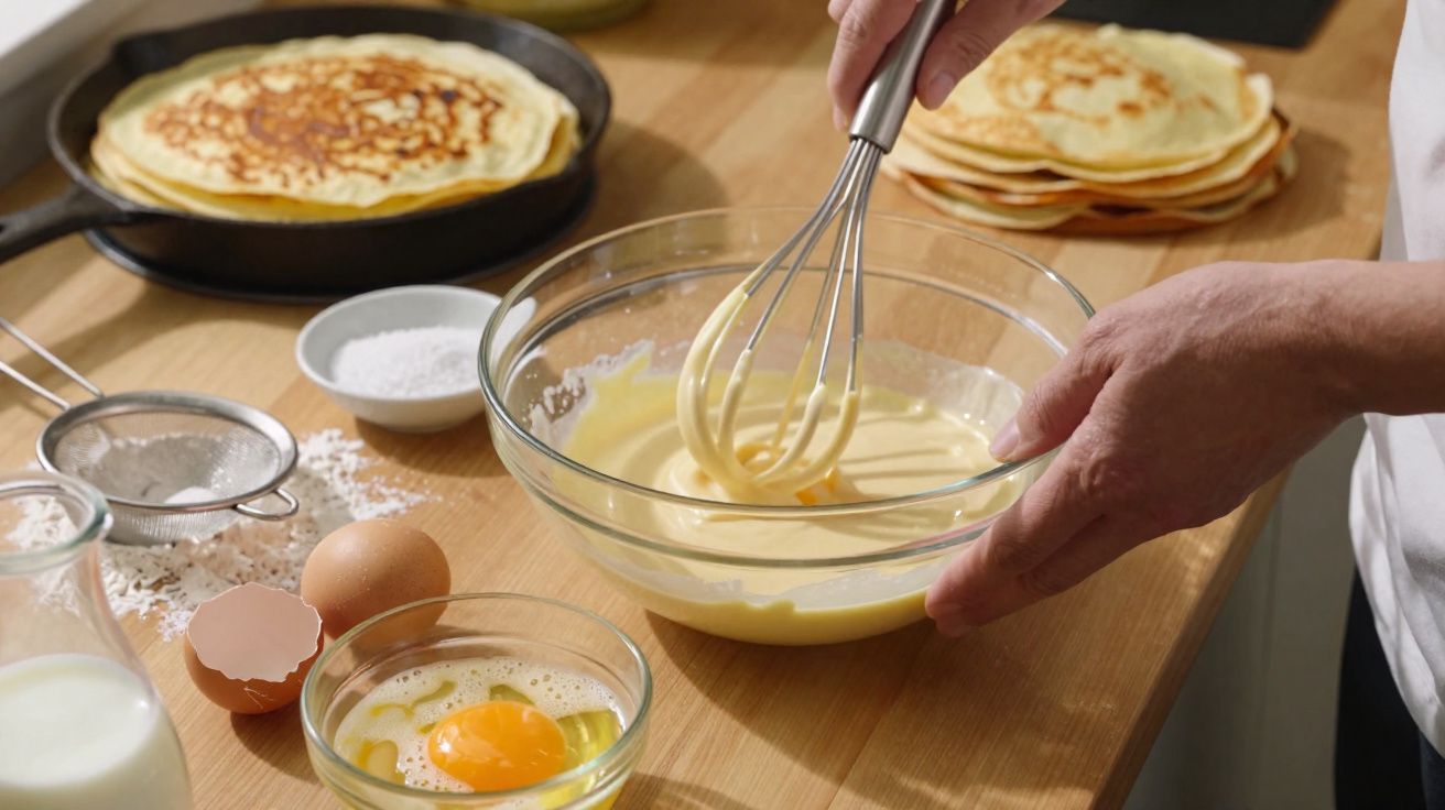 Pessoa mexendo massa de panqueca em bowl de vidro com ovos, leite e panquecas na bancada de madeira.