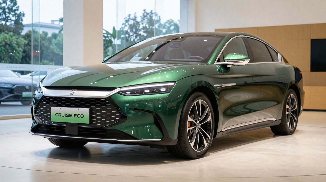 Carro elétrico verde metálico Cruise Eco exibido em showroom com design moderno e rodas esportivas.