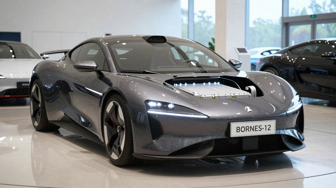 Carro esportivo elétrico cinza escuro com capô transparente exibindo motor exposto em showroom moderno.