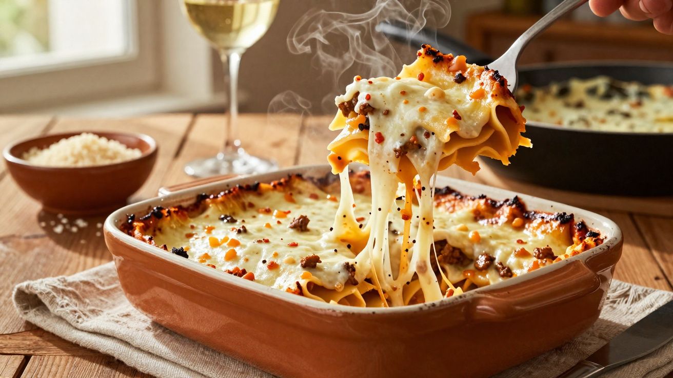 Lasanha quente com queijo derretido sendo servida em travessa de cerâmica marrom sobre mesa de madeira.