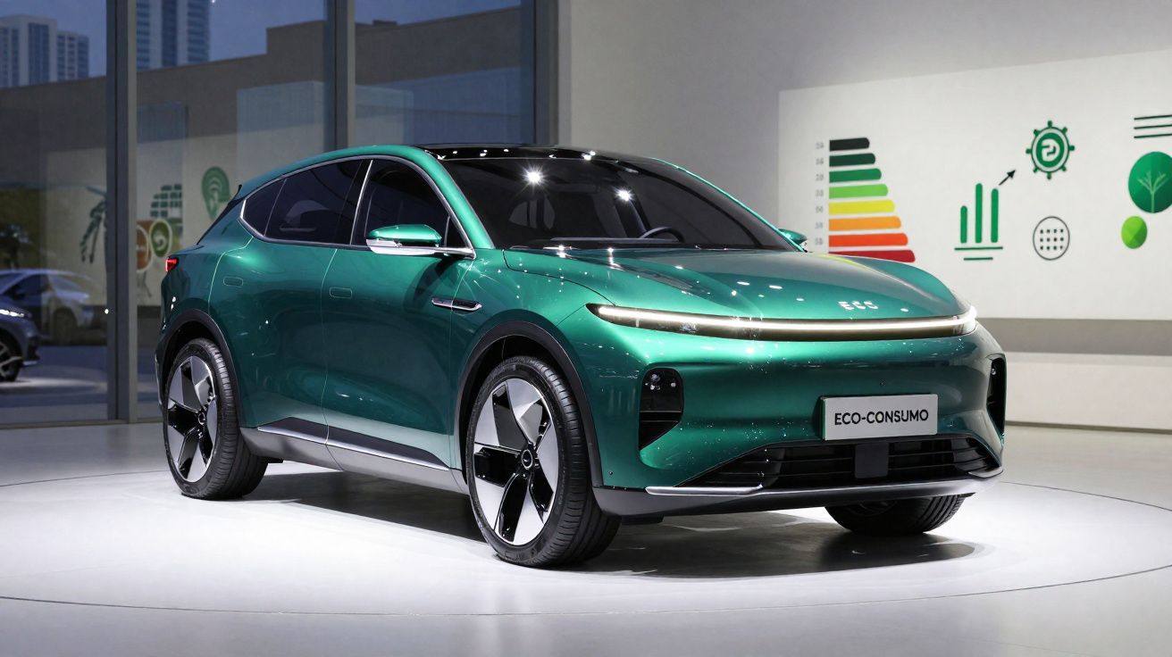 Carro elétrico verde metálico estacionado em ambiente interno com placa ECO-CONSUMO e gráficos ambientais ao fundo.