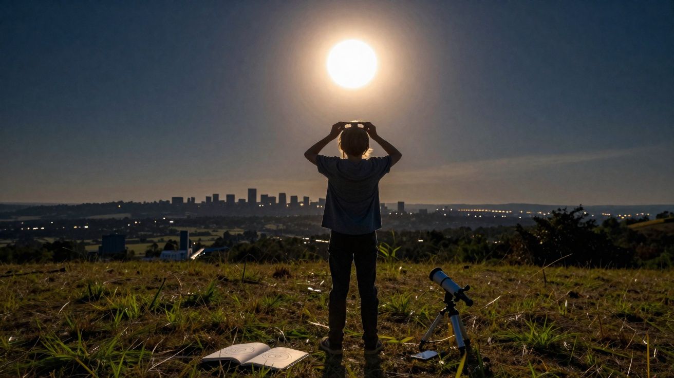 Criança observando a lua cheia no campo ao entardecer, com telescópio, livro aberto e cidade ao fundo.