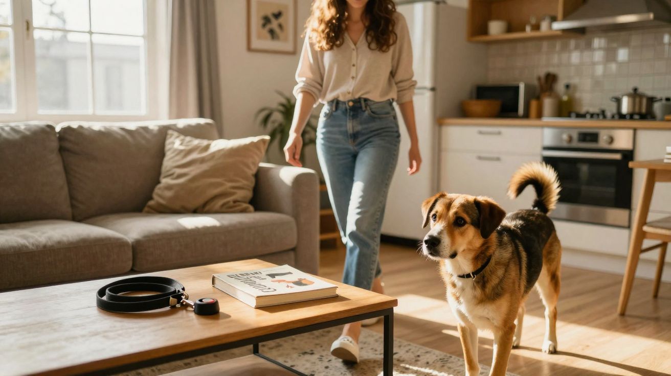 Mulher caminhando em sala iluminada com cachorro deitado próximo ao sofá cinza.