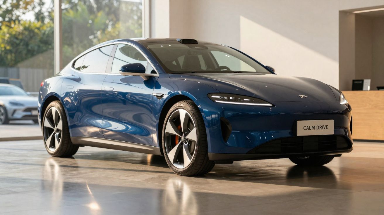 Carro elétrico azul Tesla modelo esportivo em exposição interna com placa personalizada "CALM DRIVE"