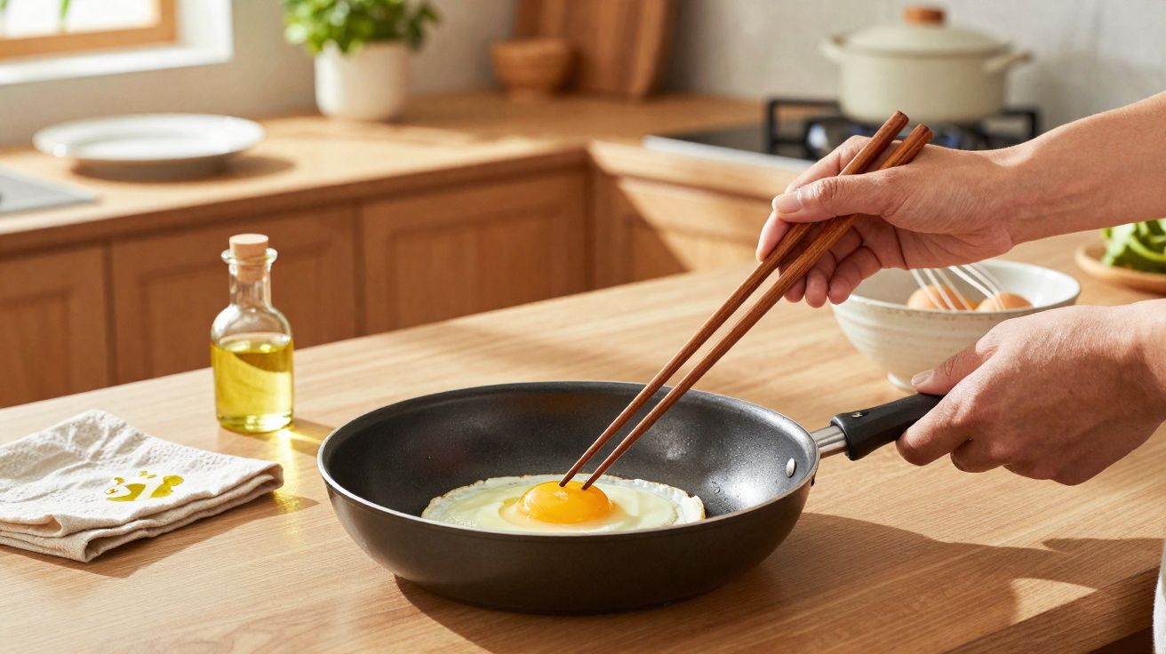 Pessoa fritando ovo com hashis em frigideira em cozinha com bancada de madeira.